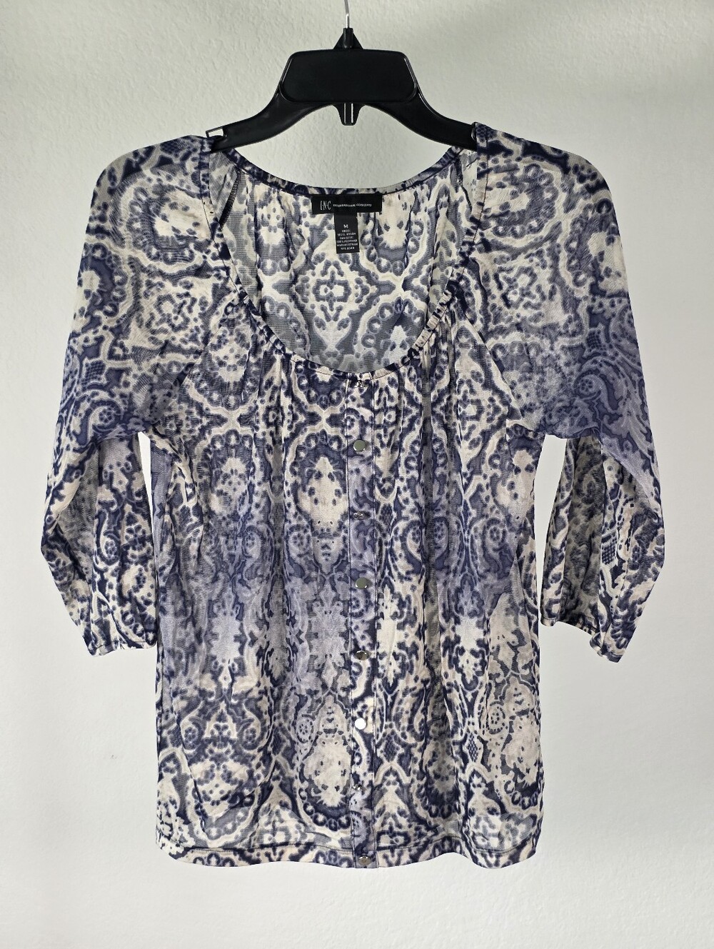 INC International Concepts Women M Blue White Paisley Print Mesh Sheer Blouse